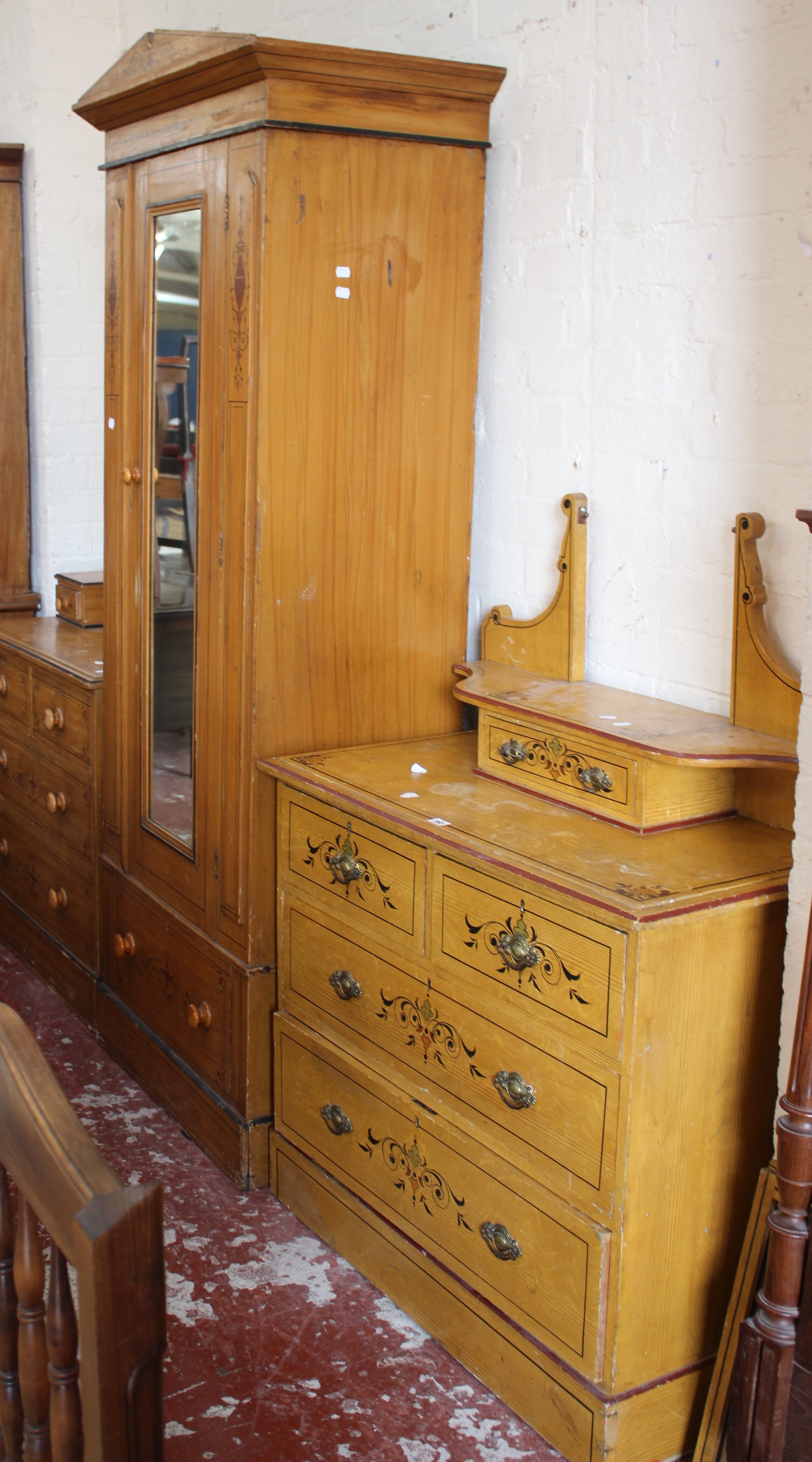 A Victorian painted bedroom suite to include a wardrobe and a mirror back dressing table, together - Image 2 of 2