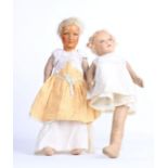 Two Rag Book style dolls with painted faces and cloth bodies (af)