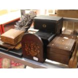 A 19th Century rosewood and inlaid box, book stand, jewellery boxes and further leather items