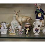 A mixed lot of china, glass and ceramics to include crested ware, a Beswick deer and a Belleek