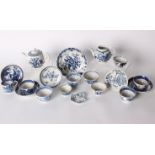 18th Century blue and white ceramics, mainly tea bowls to include Bristol, Liverpool, Lowestoft,