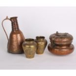 A Persian/Islamic copper ewer, a pot with hinged cover and two modern Indian vases (4)