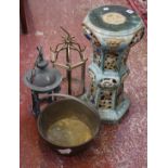 A Chinese pottery jardinière stand, together with an oak mantel clock, a pair of pewter-lidded