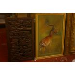 An African carved hardwood panel, a print of Broad Street and an antelope, A C Holland 56