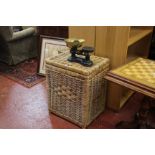 A Victorian set of scales, wicker basket and coal scuttle