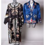 A late 19th early 20th Century midnight blue Chinese silk robe, Bat and prunus Peking Knot