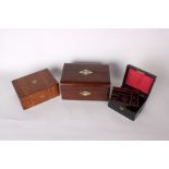 A marquetry jewellery box, a sewing box with mother of pearl decoration and a black box