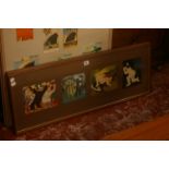 A pair of framed Beryl Cook prints and a Beryl Cook book and framed Cunard postcards
