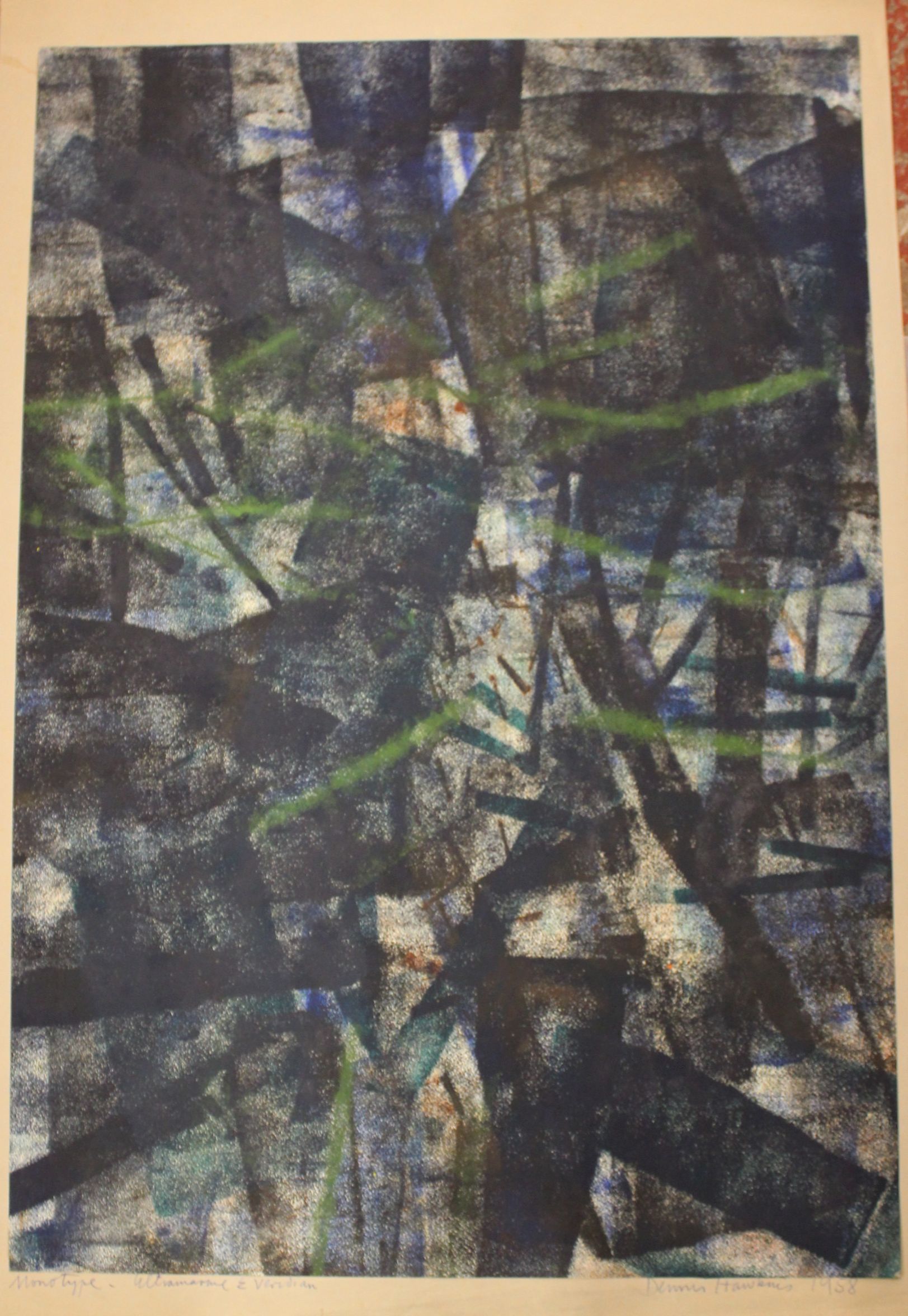 Denis HawkinsUltramarine & VeridianMonotype print70 x 48cm, signed and dated lower right, 1958
