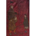 Two early 19th Century Oriental panels, the first embroidered with three figures onto red silk