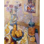 Barbara Stewart (1929-)Still Life with OrangesSigned lower right, oil on board74 x 59cm