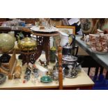 A 19th Century copper warming pan, silver plate, hardwood stools and a group of animalia and walking