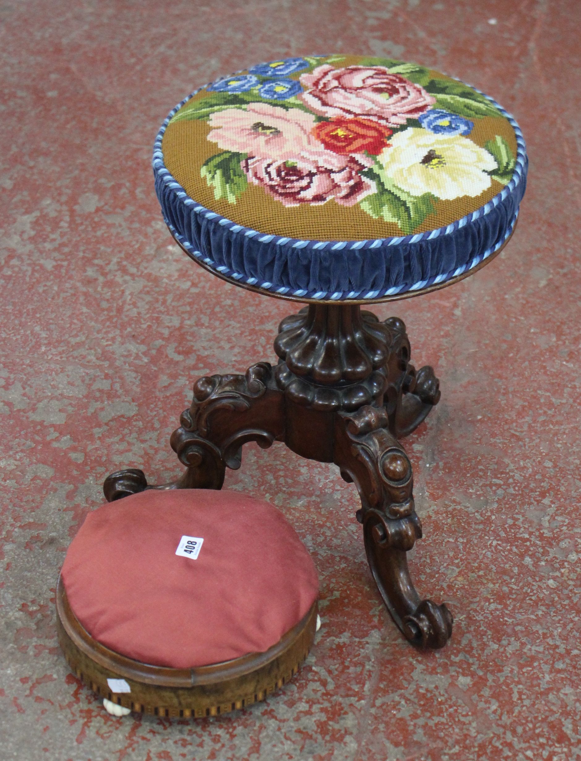 A Victorian foot stool and a revolving piano stool with carved base and tapestry cover