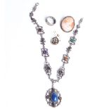 A collection of jewellery, comprising; an Indian sterling and gemstones necklace, in the form of