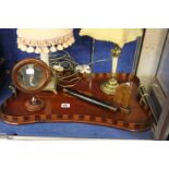 A 19th century inlaid mahogany tray, two table lamps and assorted treen