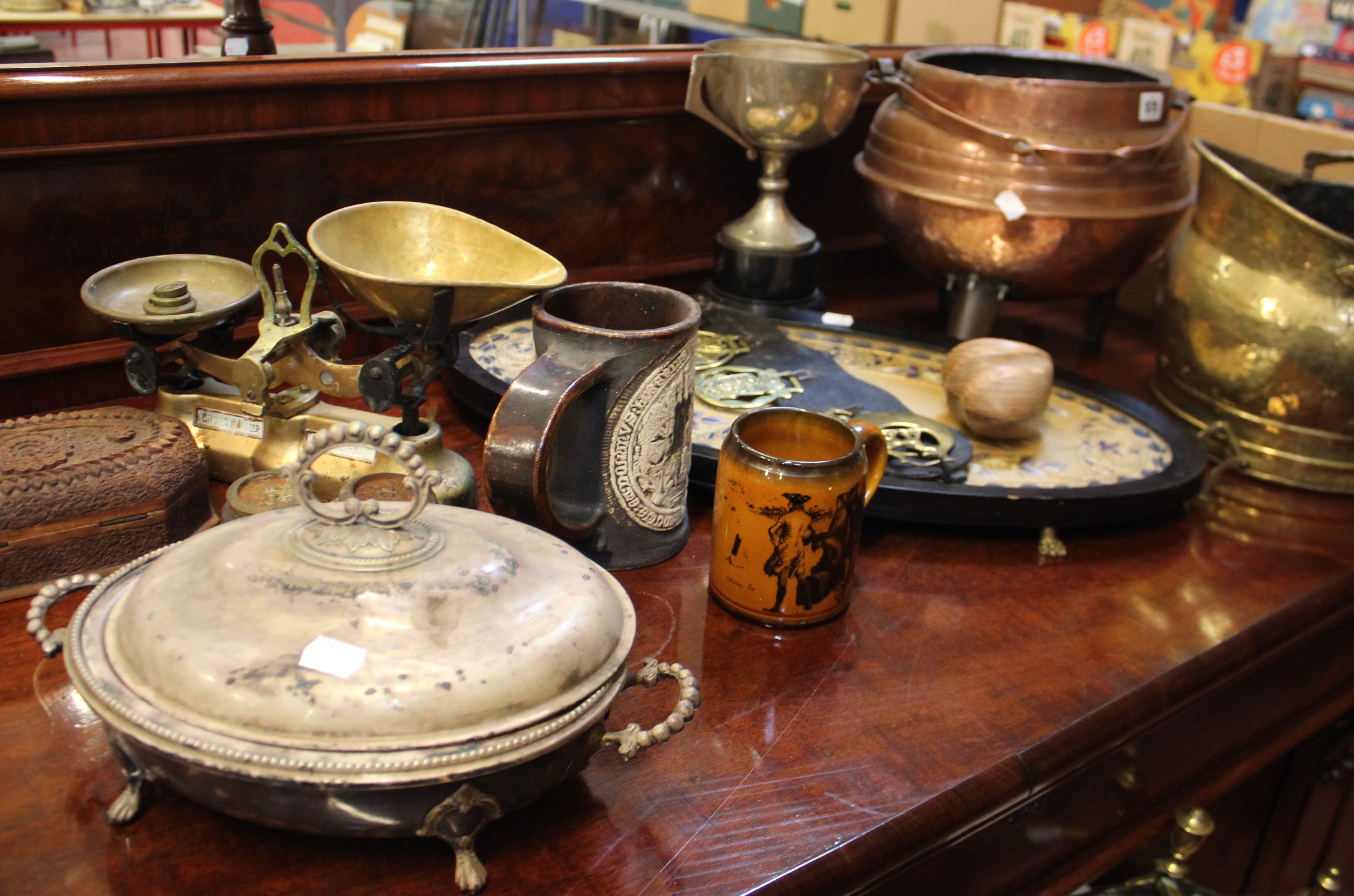 Metalware, including weighing scales, silver plate and trophy cups together with an oval Chinese