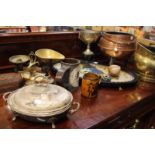 Metalware, including weighing scales, silver plate and trophy cups together with an oval Chinese