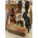 Metalware: copper kettle, biscuit tin, three flat irons, etc