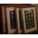 A framed collection of bowling club badges and a few loose