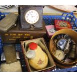 A mixed collection including two volt meters, a silver panel (Hallmarked), a pocket watch in leather