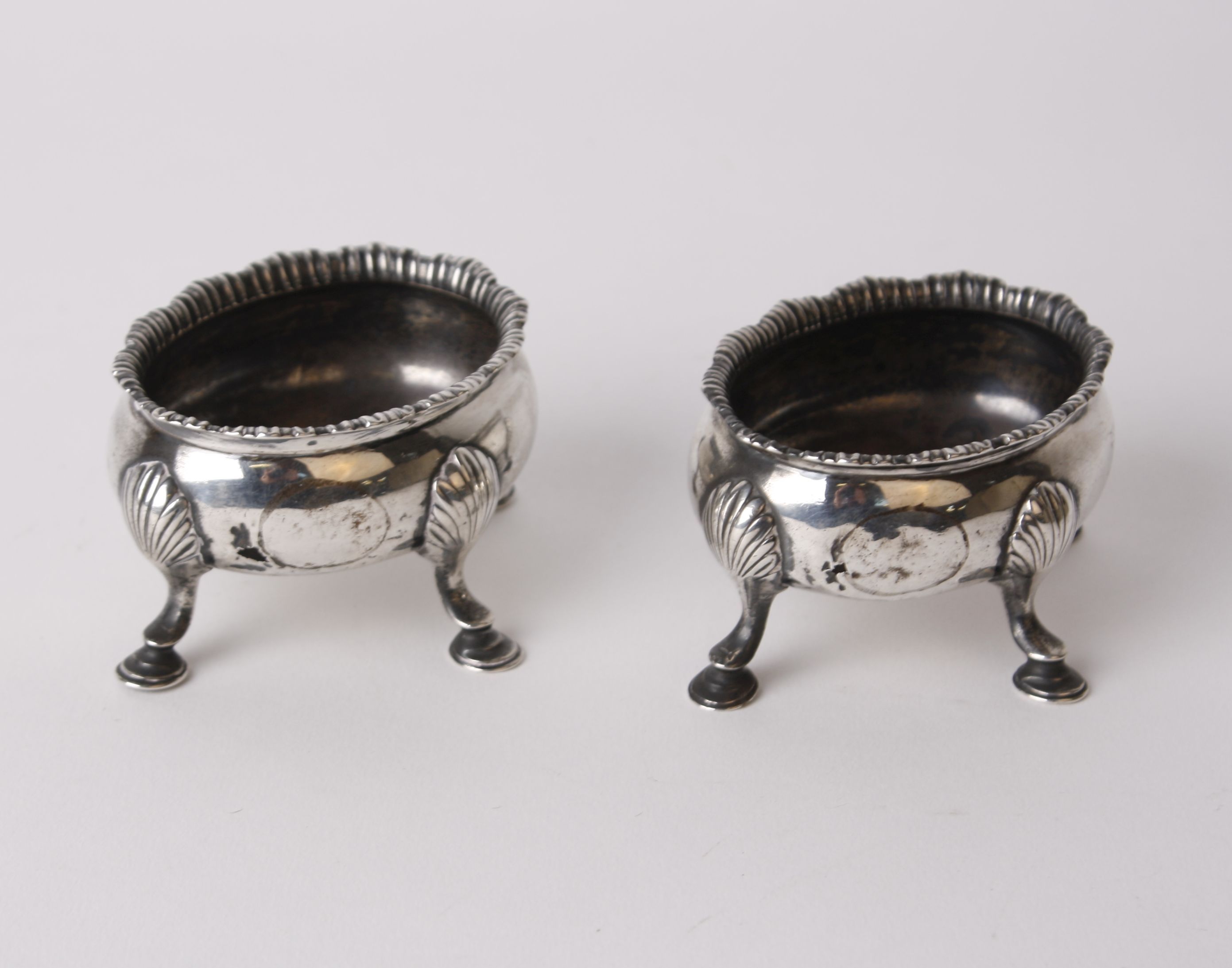 Silver; a pair of George III open salts with reeded wavy rims and shell and hoof feet. Robert - Image 2 of 2