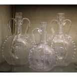 Glassware; three Dutch carafes all engraved wildlife, windmills etc, set of seven German flared