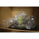 Glassware; table glass to include, champagne glasses, jugs, fruit bowls etc, two shelves