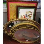 Three gilt framed decorative mirrors and three framed pictures (6)