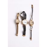 Three ladies 9 ct gold chased wrist watches, comprising, a round example circa 1912, the white