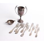 A collection of George IV and later silver Fiddle pattern flatware and other items comprising a soup