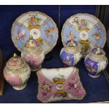 Continental porcelain including a pair of late Meissen plates, a pair of Dresden covered vase and