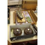 A pair of bowling balls W Lindop, Manchester a cannon, easals and model ship and inlaid trays