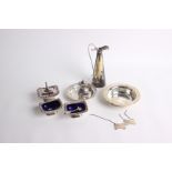 Silver Plate: A good Georgian style four piece cruet set with blue glass liners, box small cutlery