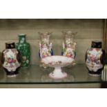 A pair of Coalport floral encrusted vases, a pair of Booths vases and covers (af) and others