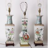 A pair of Chinese porcelain square base table lamps and another (3)