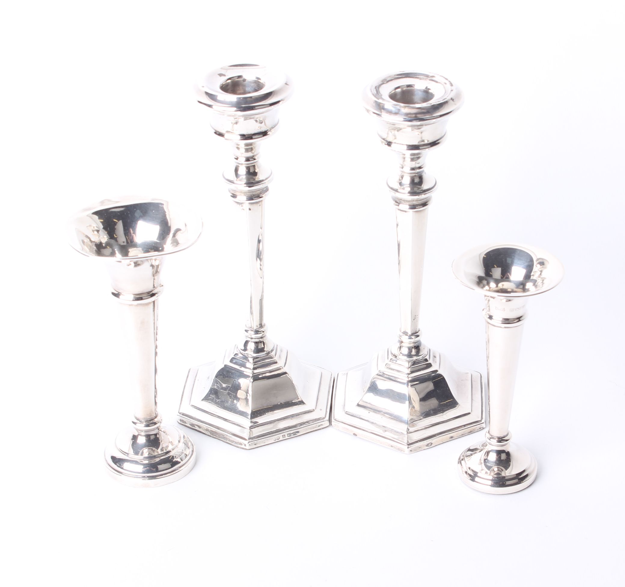 A pair of silver candlesticks Sanders & Mackenzie, Birmingham, 1964, and a pair of silver spill - Image 2 of 2