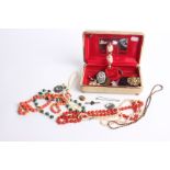 A cultured pearl single row necklace and a quantity of costume jewellery to include, a coral