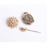 A Victorian gold and half pearl and small sapphire crescent and star stick pin, a 9 ct gold and