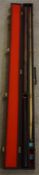 A boxed techno pro billiard cue, 2 19th century shooting sticks and 3 fishing rods