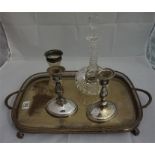 Candlesticks, cut crystal decanter, a cut crystal silver topped bud vase and blue and white ashet &