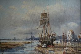 Framed oil on canvas titled "The Rising Tide, Woodbridge" signed John Sutton in guilt swept frame. 2