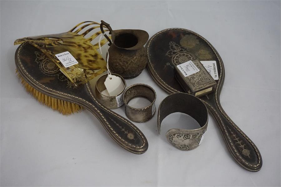 2 Silver napkin rings, Indian silver match box holder, cream jug, bangle, tortoise shell style hair