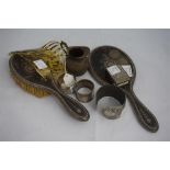 2 Silver napkin rings, Indian silver match box holder, cream jug, bangle, tortoise shell style hair
