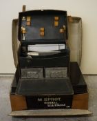 Leather cased metal deed box and an Asprey's leather travelling gentleman's picnic case