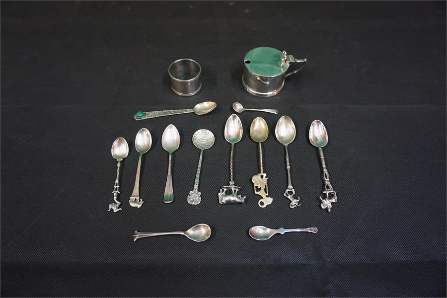 Collection of miscellaneous silver Items, including a mustard pot, napkin ring and assorted spoons - Image 2 of 2