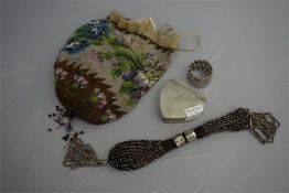 Victorian ladies beadwork evening bag, 1 bright cut steel misers purse, a heart shaped pewter pillbo