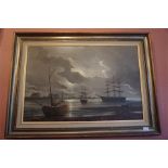 Framed oil on canvas by J Stewart, moonlight estuary scene with sailing ships. 24" by 36"
