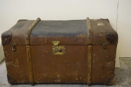 Large leather and canvas, wood bound travelling trunk