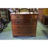 19th Century bow fronted 5 drawer chest, inlaid mahogany standing on spayed bracket feet