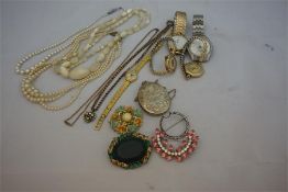 A quantity of costume jewellery including 5 wrist watches